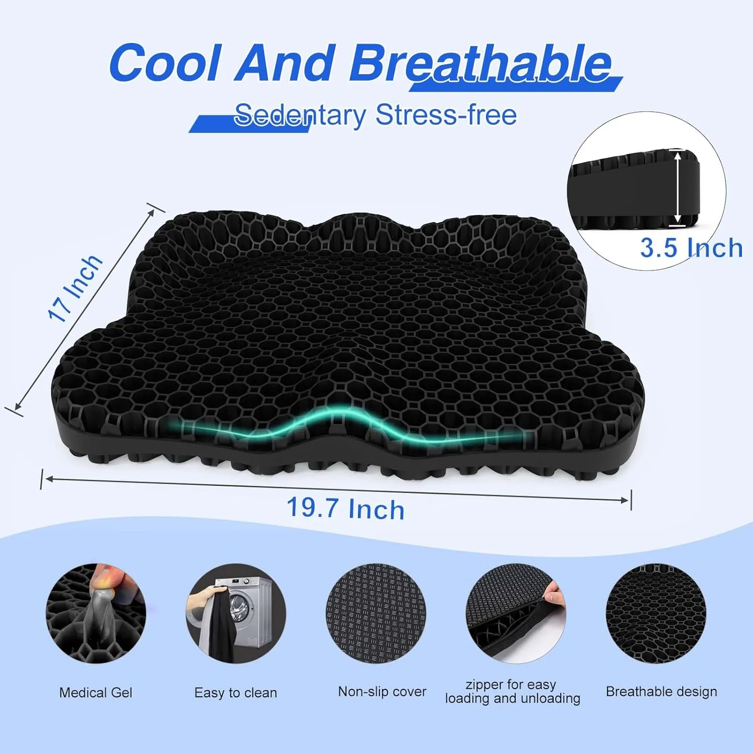 Thicken 19.7in Seat Cushion, Gel Seat Cushion for Long Sitting–Office Chair, Wheelchair, Car Cushion, Large Cooling Pad for Back Pain, Sciatica, Tailbone Pain Relief