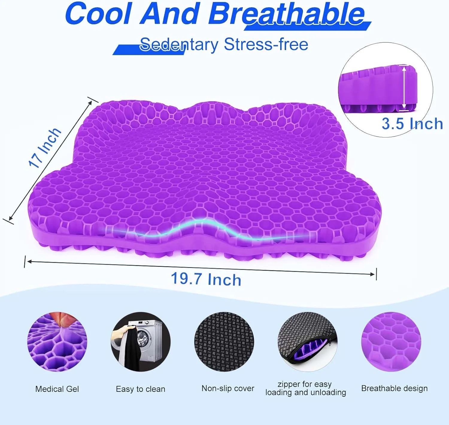 Thicken 19.7in Seat Cushion, Gel Seat Cushion for Long Sitting–Office Chair, Wheelchair, Car Pad, Large Cooling Support Pad for Back Pain, Sciatica, Tailbone Pain Relief