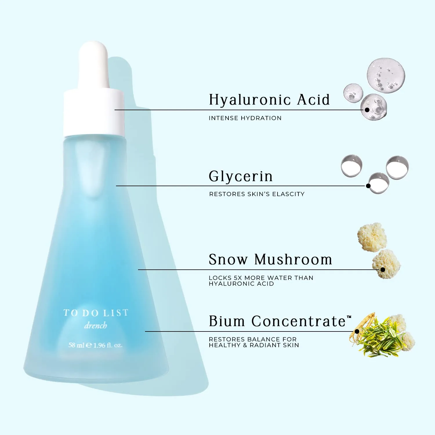 TO DO LIST Face Serum, Drench | Pure Hyaluronic Acid Serum for Face w/Glycerin, Snow Mushroom, & Ginseng | Intense Hydrating Serum | Oil-Free, Lightweight, Korean Skin Care (58 ml)