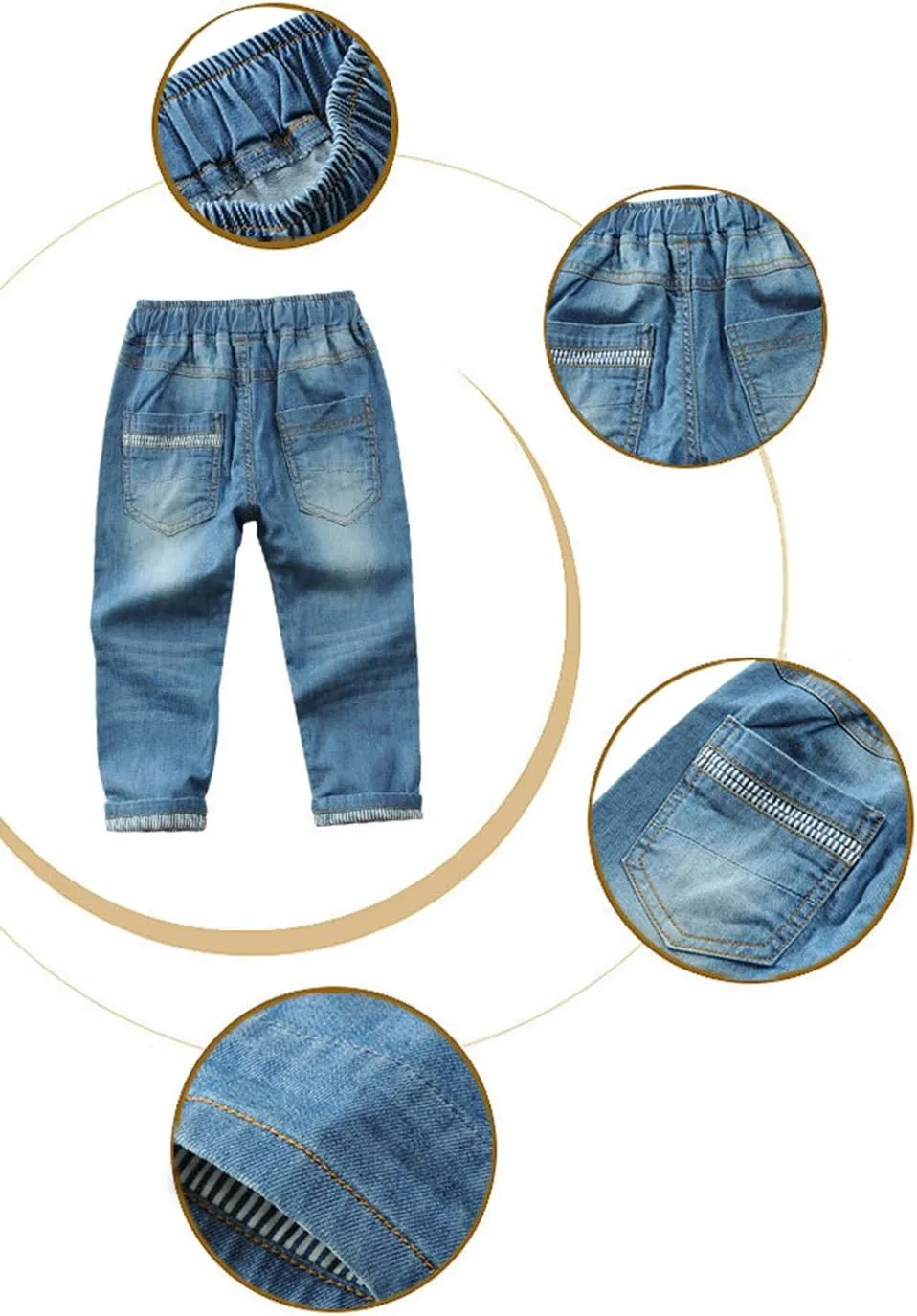 Toddler Kid Boy Elastic Mid Waist Washed Full Length Straight Pants Denim Jeans
