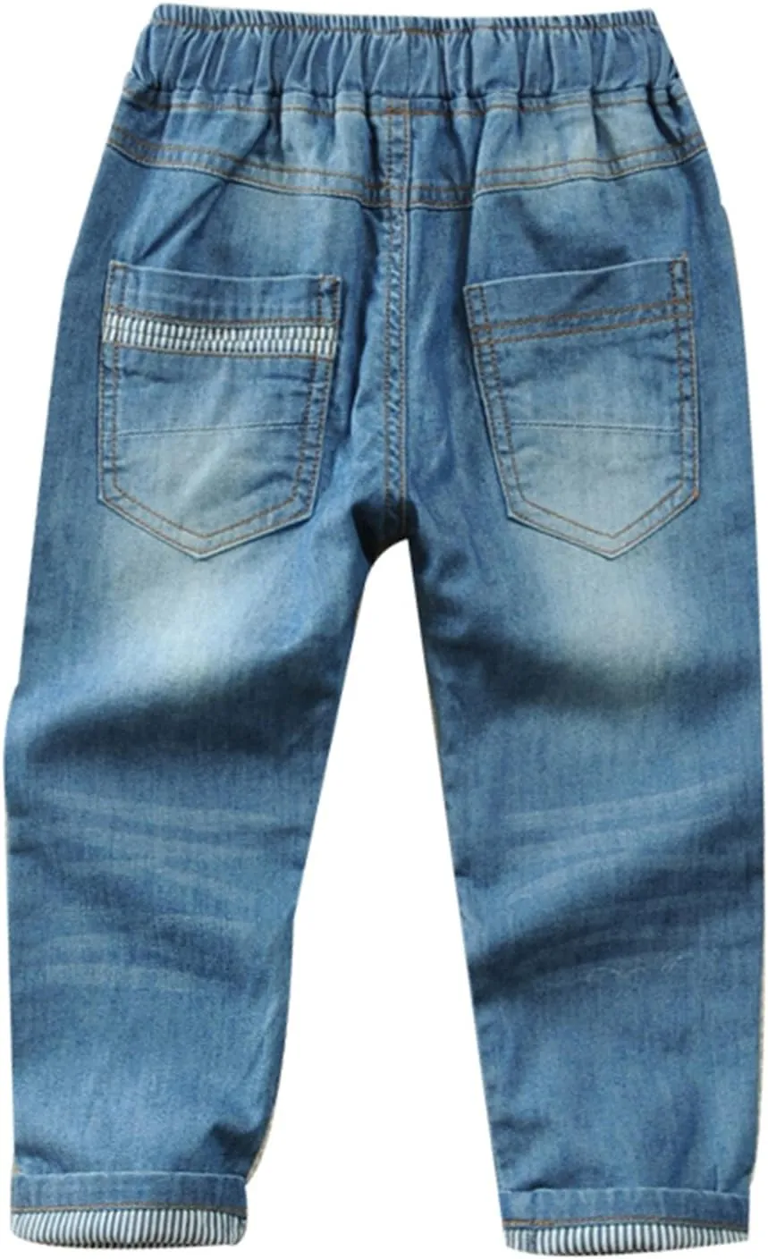 Toddler Kid Boy Elastic Mid Waist Washed Full Length Straight Pants Denim Jeans