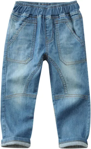 Toddler Kid Boy Elastic Mid Waist Washed Full Length Straight Pants Denim Jeans