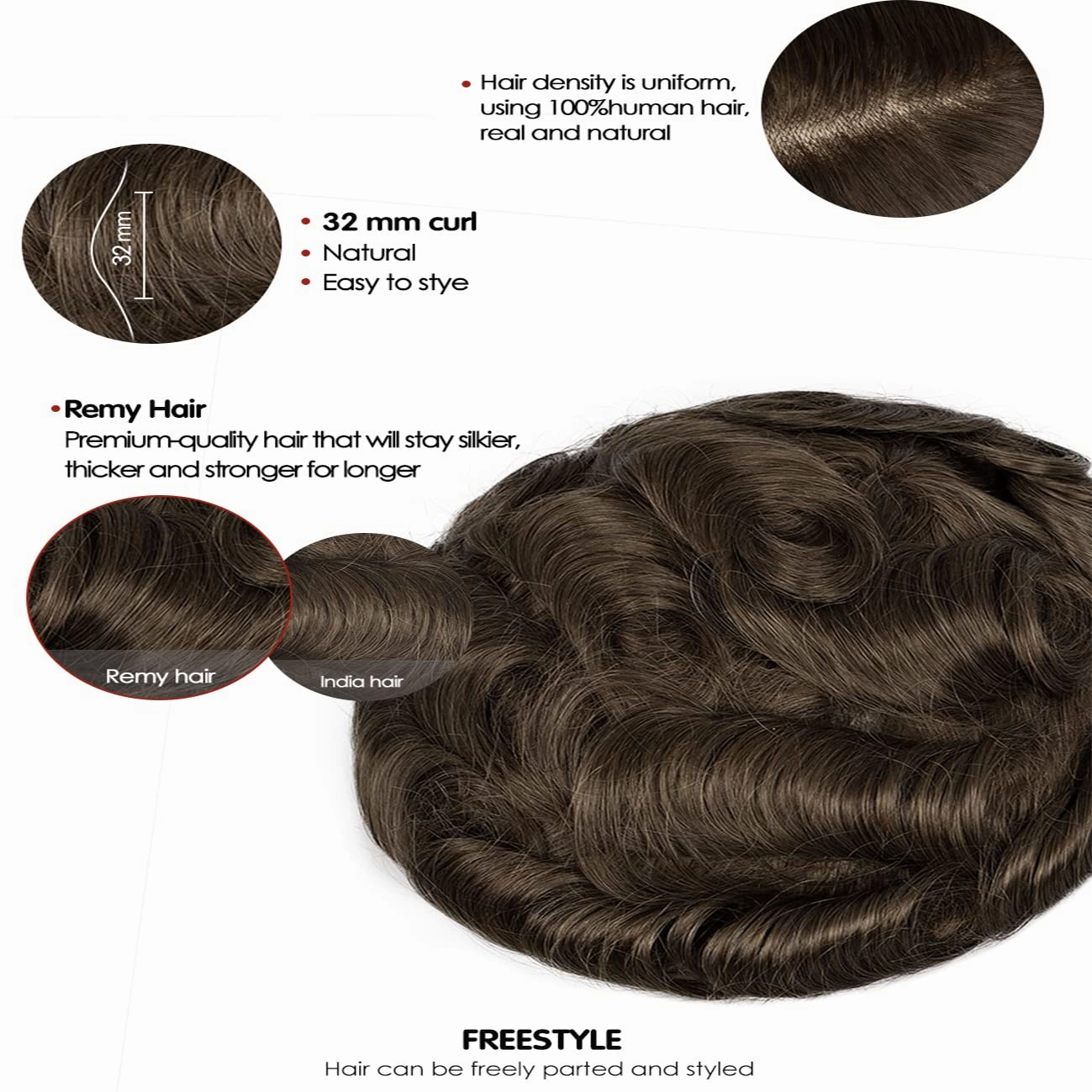 Toupee for Men Human Hair Mens Hair Pieces 0.06mm Soft Thin Skin Single Knotted Natural Wavy Men's Hair Replacement System with 8¡Á10 inch Cap (PU skin with lace front, #3(Brown Color))