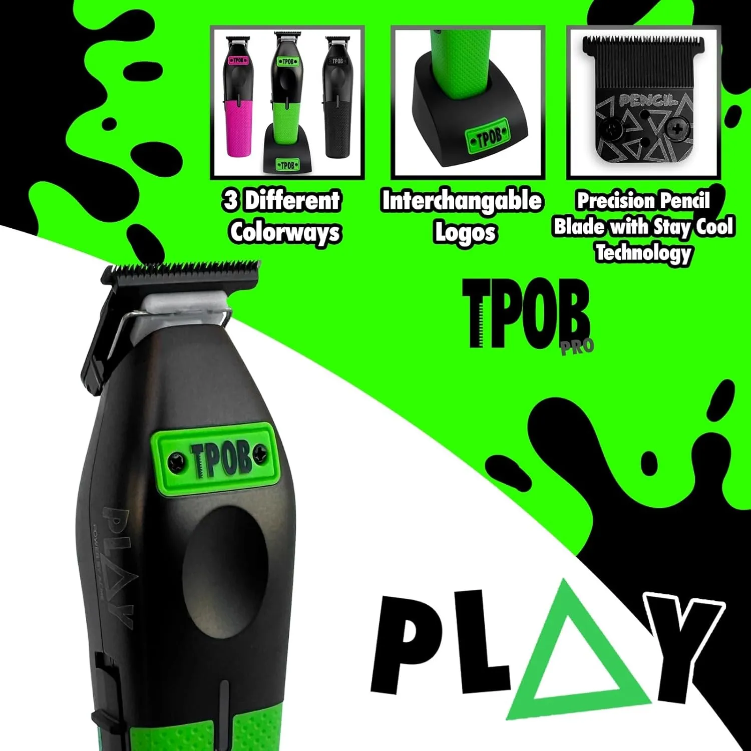 TPOB Play Barber Hair Clippers Trimmer for Men 7000 RPM with Pencil Blade Rubber Green/Black/Pink Grips (Black w/Grips)