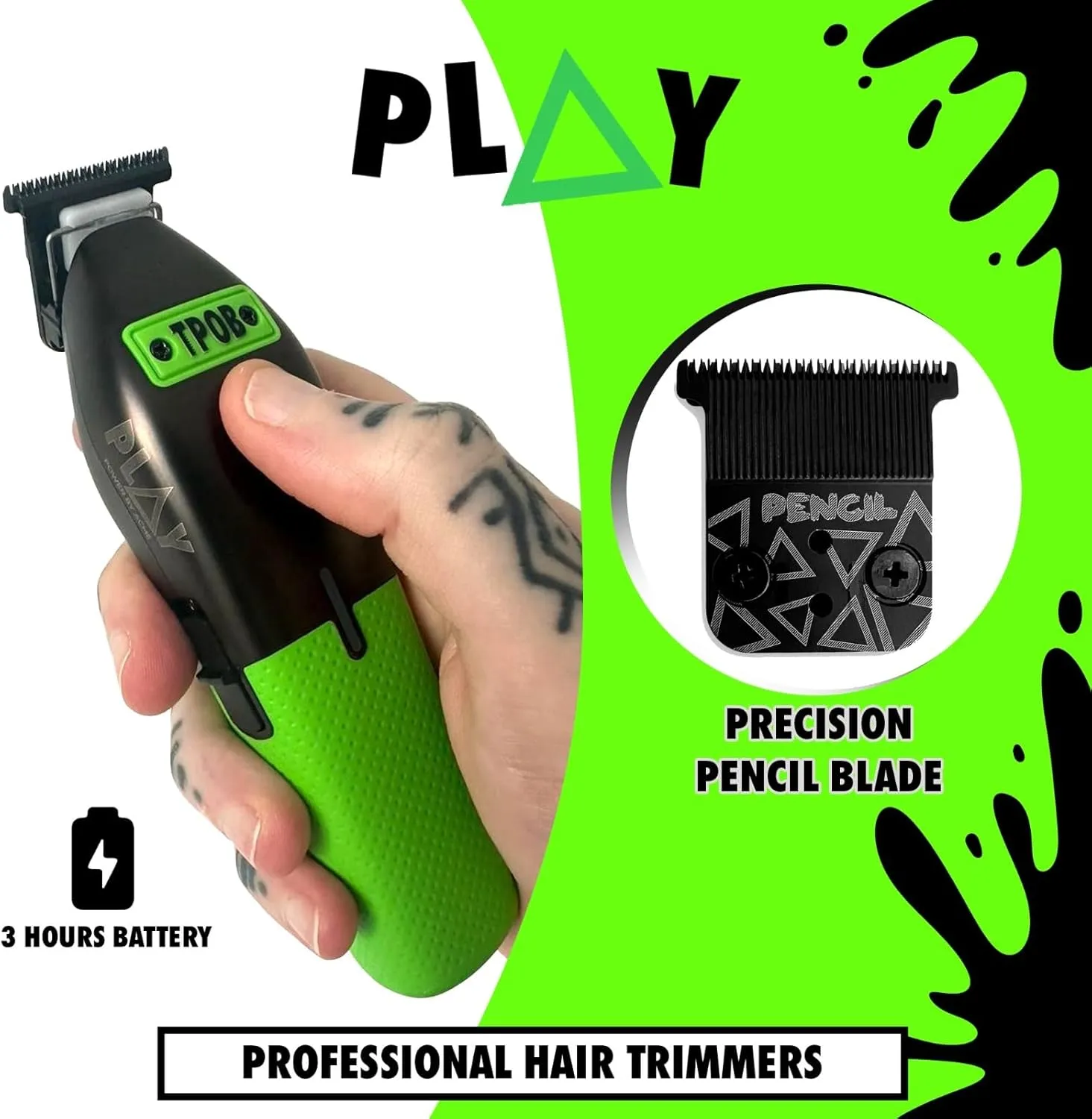 TPOB Play Barber Hair Clippers Trimmer for Men 7000 RPM with Pencil Blade Rubber Green/Black/Pink Grips (Black w/Grips)