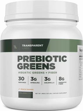 Transparent Labs Prebiotic Greens - Superfood Powder & Antioxidants Supplement with Organic Spirulina, Chloerra, Acacia, & Green Banana Powder - 30 Servings, Peach Mango