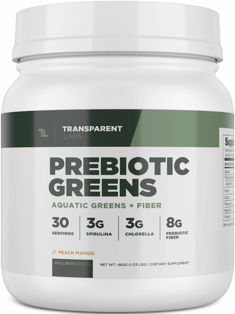 Transparent Labs Prebiotic Greens - Superfood Powder & Antioxidants Supplement with Organic Spirulina, Chloerra, Acacia, & Green Banana Powder - 30 Servings, Peach Mango