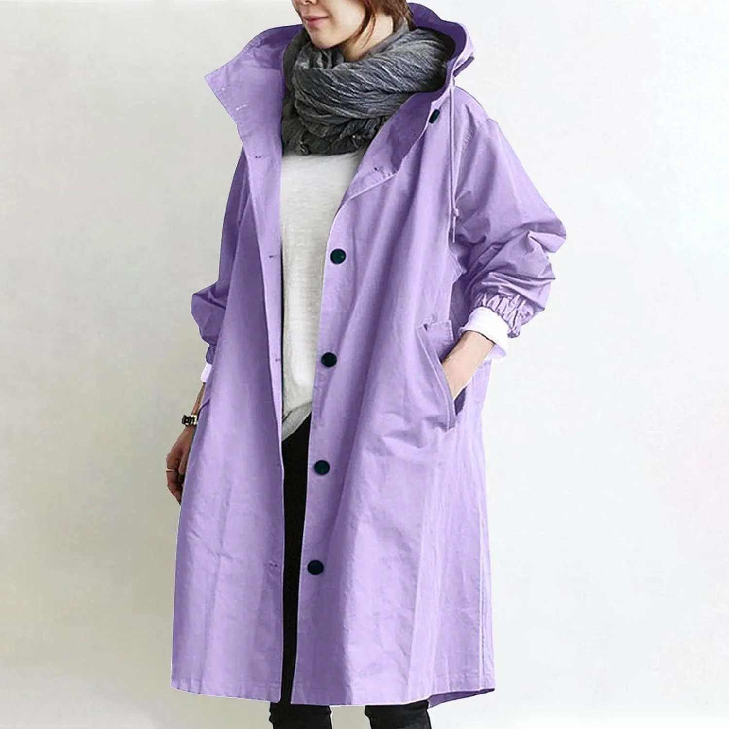 Trench Coat for Women 2023 Long Sleeve Solid Color Button Down Hooded Jacket Windproof Lightweight Plus Size Warm Clothes