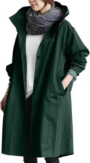 Trench Coat for Women 2023 Long Sleeve Solid Color Button Down Hooded Jacket Windproof Lightweight Plus Size Warm Clothes