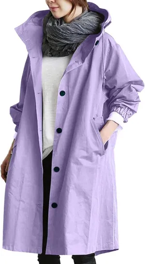 Trench Coat for Women 2023 Long Sleeve Solid Color Button Down Hooded Jacket Windproof Lightweight Plus Size Warm Clothes