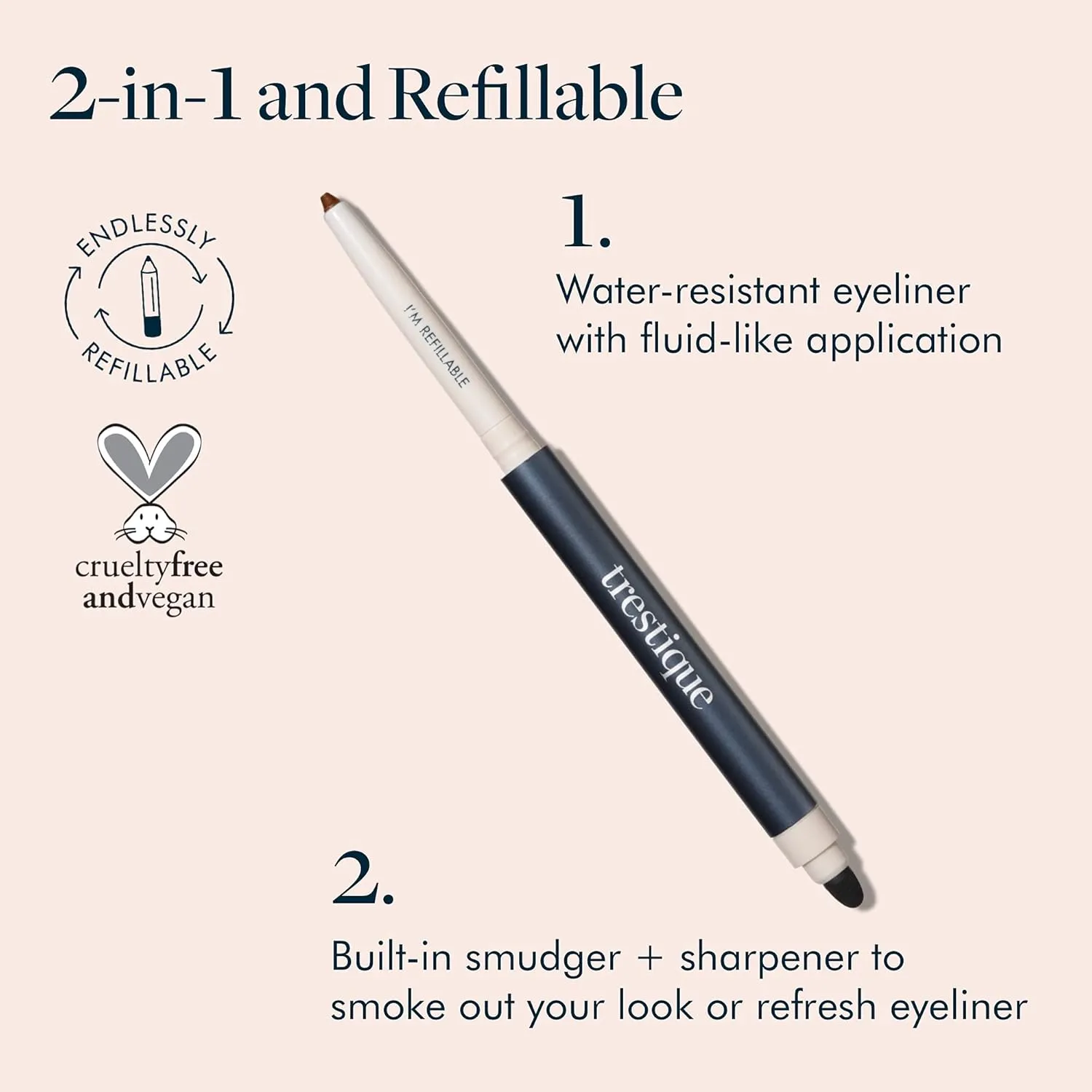 TRE'STIQUE Eyeliner, Refillable Eyeliner Pencil With Built-In Smudger And Sharpener, Clean Beauty Eye Pencil, Sustainable 2-In-1 Eye Liner