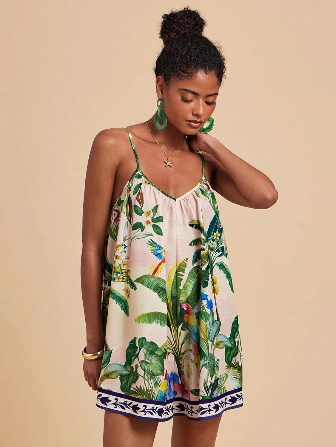 Tropical Floral Print Spaghetti Strap Dress, Sleeveless Summer Beach Dress, Casual Vacation Wear, Boho Mini 2025