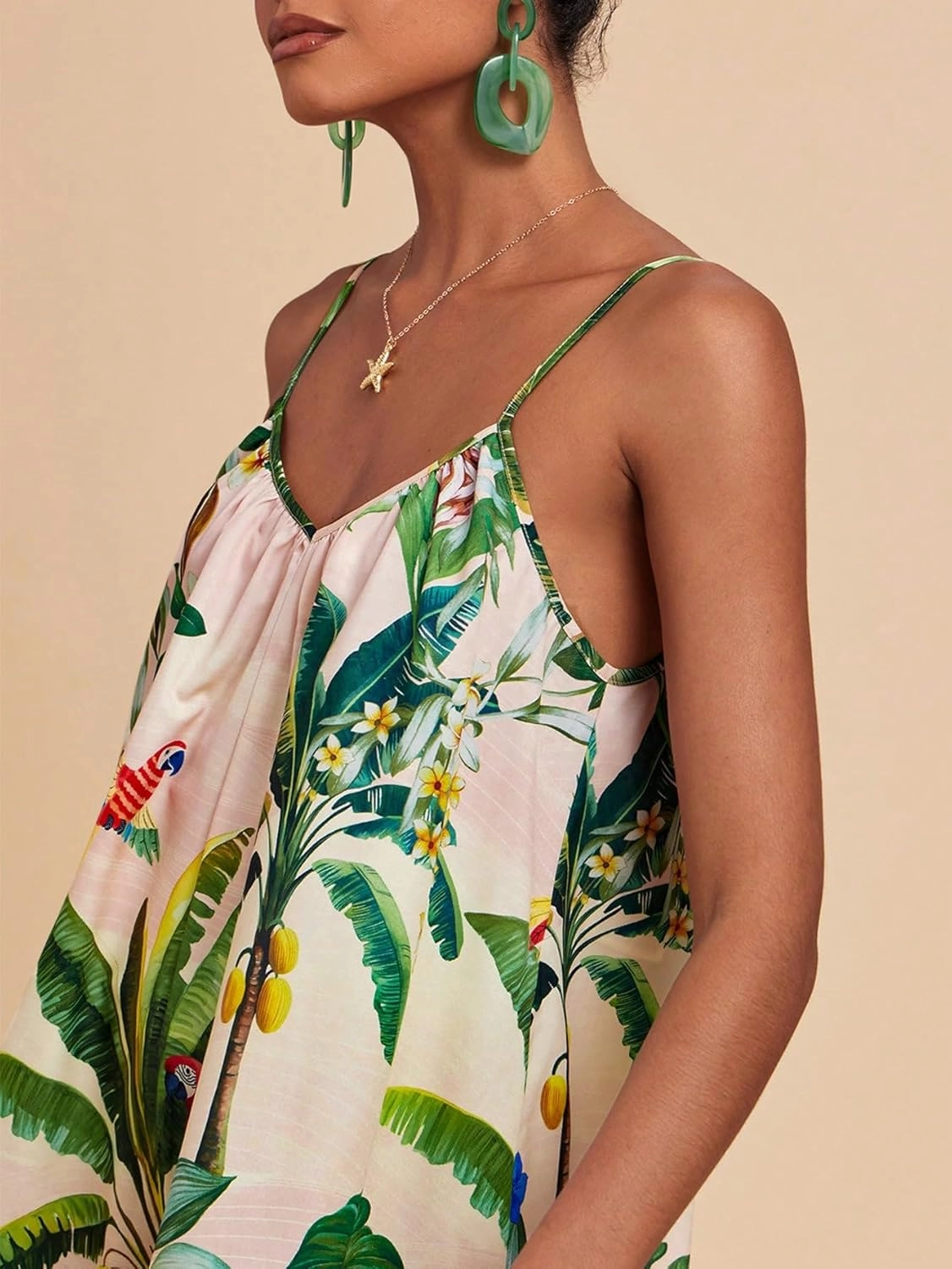Tropical Floral Print Spaghetti Strap Dress, Sleeveless Summer Beach Dress, Casual Vacation Wear, Boho Mini 2025