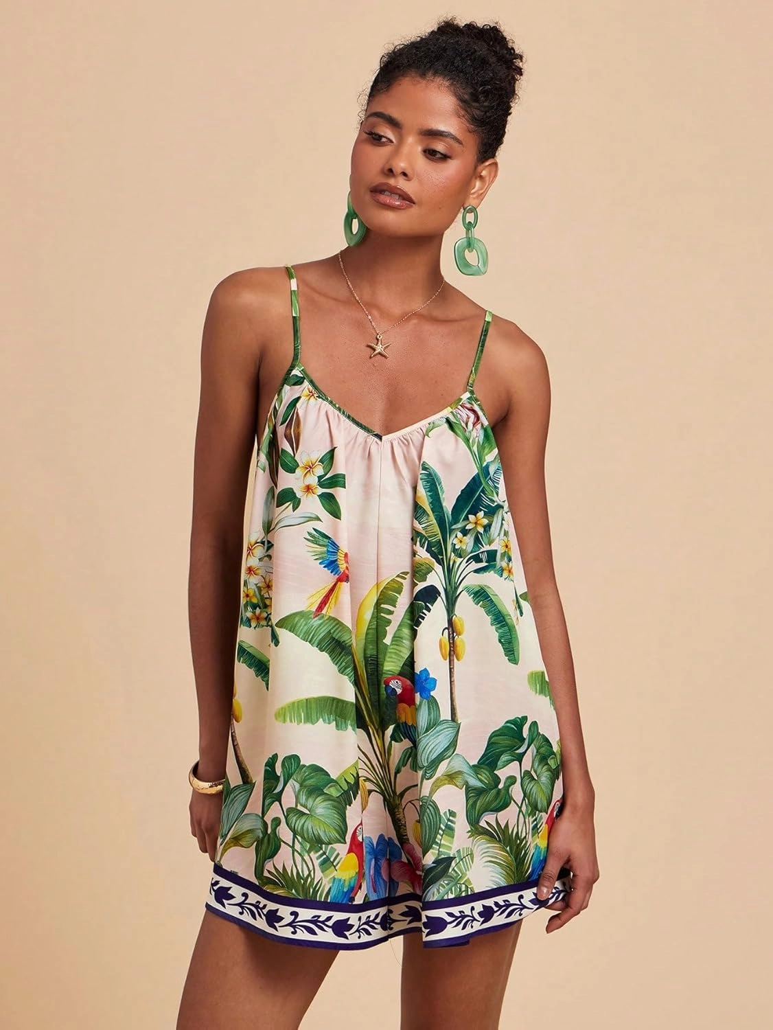 Tropical Floral Print Spaghetti Strap Dress, Sleeveless Summer Beach Dress, Casual Vacation Wear, Boho Mini 2025
