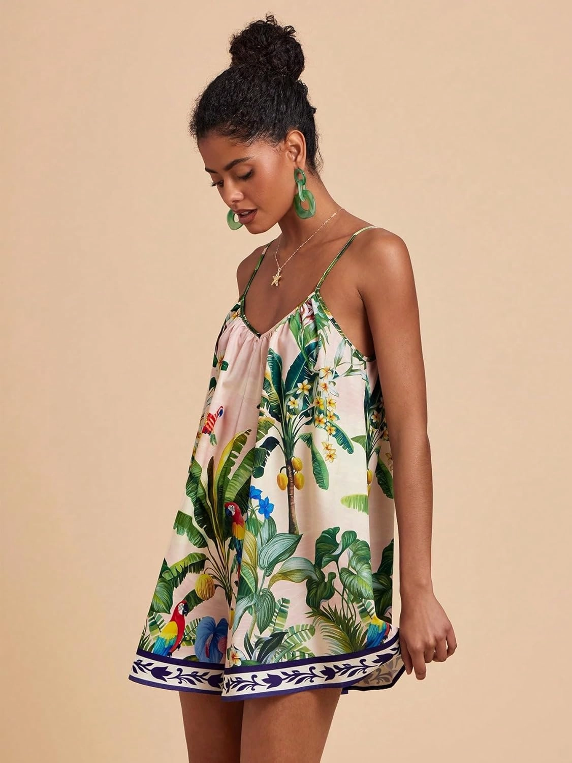 Tropical Floral Print Spaghetti Strap Dress, Sleeveless Summer Beach Dress, Casual Vacation Wear, Boho Mini 2025