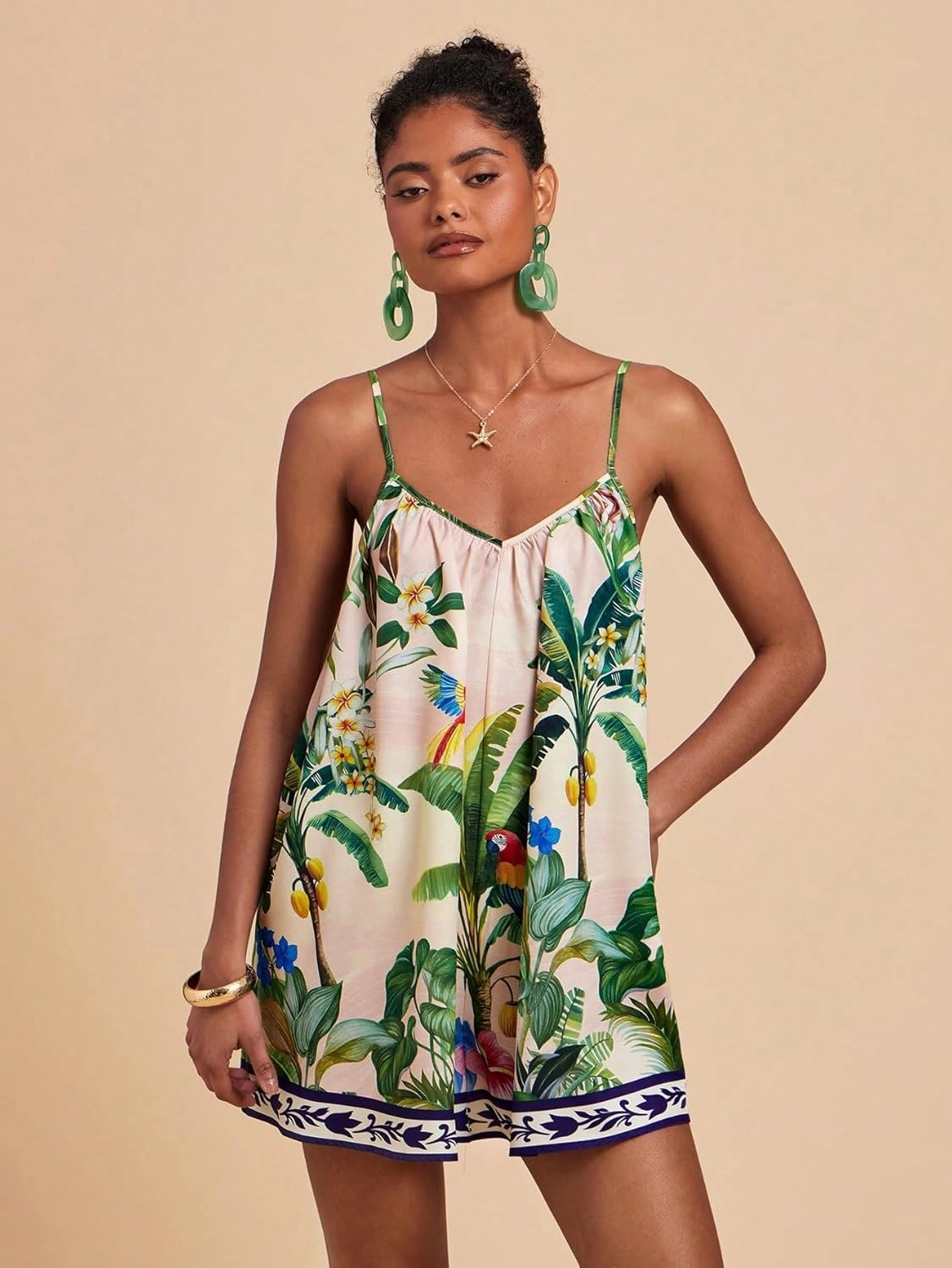 Tropical Floral Print Spaghetti Strap Dress, Sleeveless Summer Beach Dress, Casual Vacation Wear, Boho Mini 2025