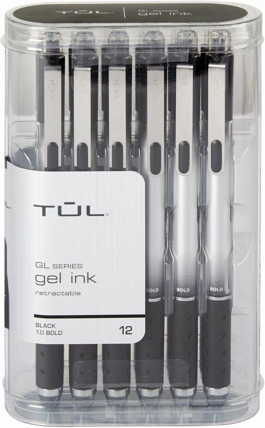 TUL® GL SeriesRetractable Gel Pens, Bold Point, 1.0 mm, Silver Barrel, Black Ink, Pack Of 12 Pens