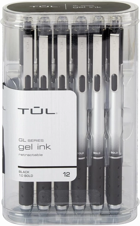 TUL® GL SeriesRetractable Gel Pens, Bold Point, 1.0 mm, Silver Barrel, Black Ink, Pack Of 12 Pens