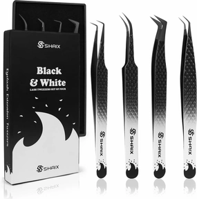 Tweezers for Eyelash Extensions - Professional (Set of 4) Fiber Tip Lash Tweezers - Diamond Grip - Premium Quality Stainless Steel Eyelash Extension Tweezer. (Black&White)