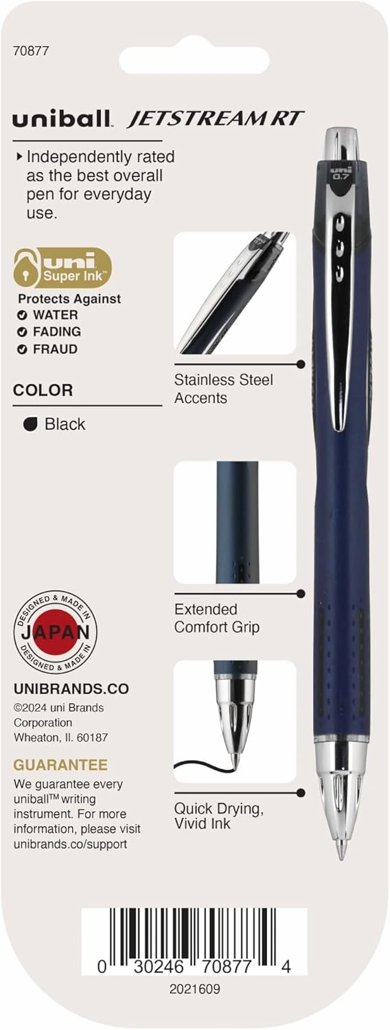Uni-Ball Jetstream RT Pens - NY Times Wirecutter Best Pen for Over a Decade - Pack of 3 Black Fine Point Pens, 0.7mm - Back to School Pens, Ballpoint Pens