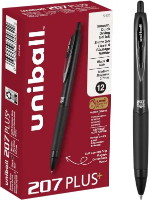 uniball 207 Plus  Retractable Gel Pens 12 Pack in Black with 0.7mm Medium Point Pen Tips - Uni-Super Ink  is Smooth, Vibrant, and Protects Against Water, Fading, and Fraud