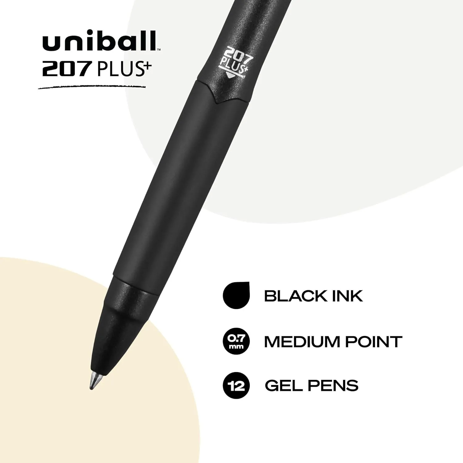 uniball 207 Plus  Retractable Gel Pens 12 Pack in Black with 0.7mm Medium Point Pen Tips - Uni-Super Ink  is Smooth, Vibrant, and Protects Against Water, Fading, and Fraud