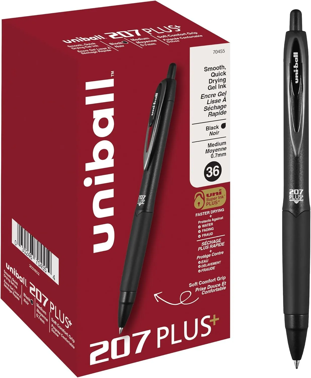 uniball 207 Plus  Retractable Gel Pens 36 Pack in Black with 0.7mm Medium Point Pen Tips - Uni-Super Ink  is Smooth, Vibrant, and Protects Against Water, Fading, and Fraud