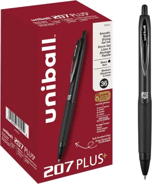 uniball 207 Plus  Retractable Gel Pens 36 Pack in Black with 0.7mm Medium Point Pen Tips - Uni-Super Ink  is Smooth, Vibrant, and Protects Against Water, Fading, and Fraud