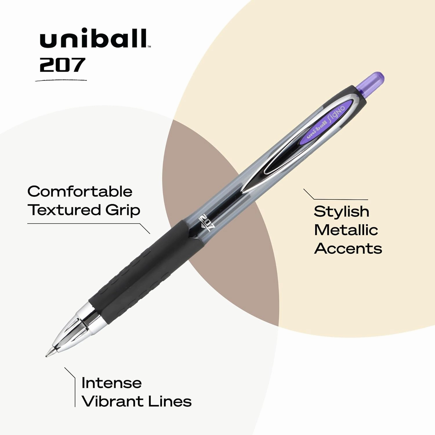 uniball Signo 207 Gel Pen, Retractable, Medium 0.7 Mm, Purple Ink, Smoke/black/purple Barrel, Dozen