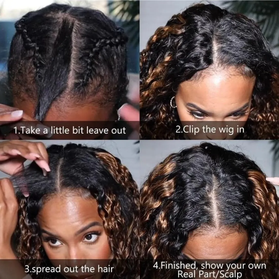 UNICE Curly V Part Wigs Human Hair Balayage Brown Highlight Clip in Upgrade U Part Wig No Leave Out Wear Go Glueless Human Hair Wig Beginner Friendly 14 inch