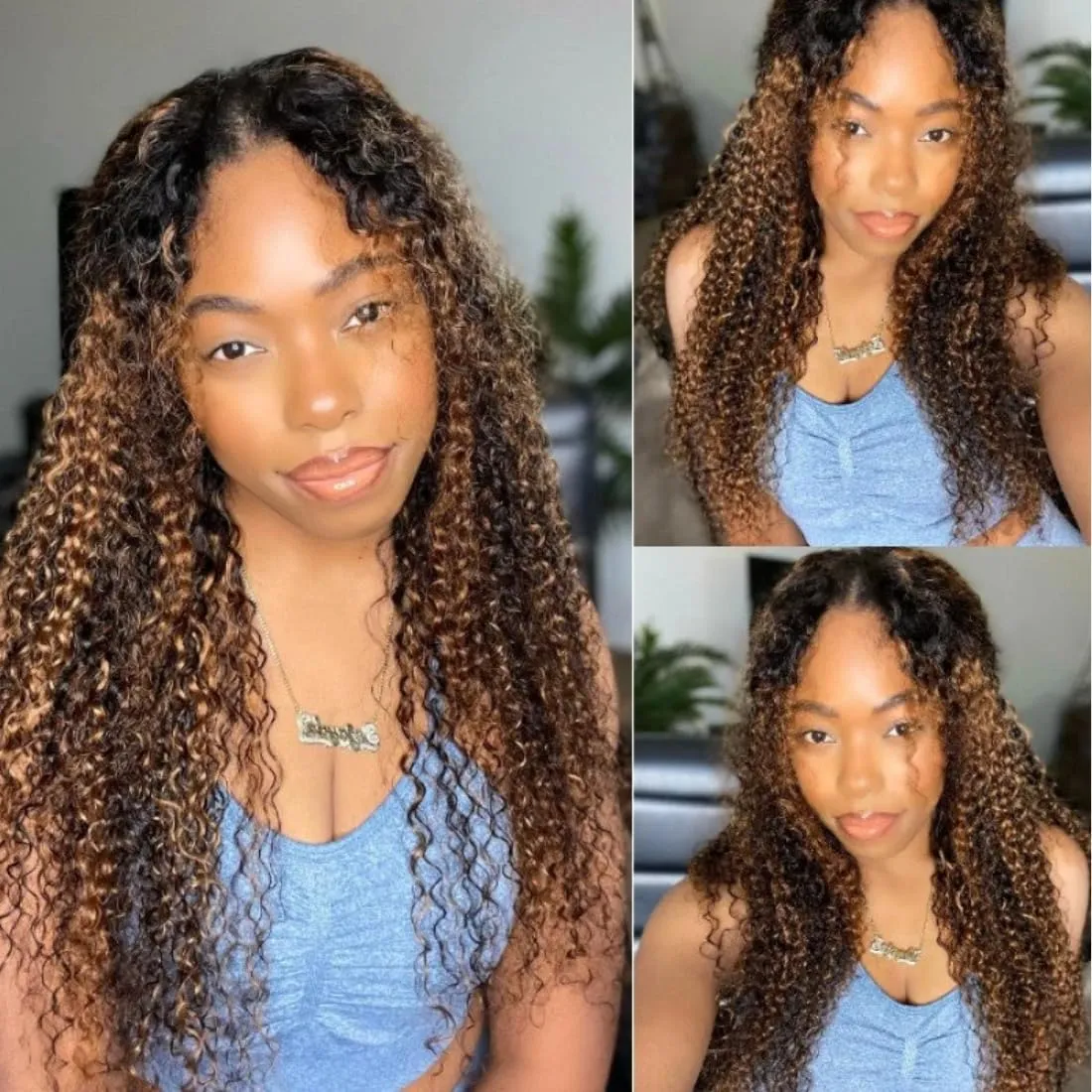 UNICE Curly V Part Wigs Human Hair Balayage Brown Highlight Clip in Upgrade U Part Wig No Leave Out Wear Go Glueless Human Hair Wig Beginner Friendly 14 inch