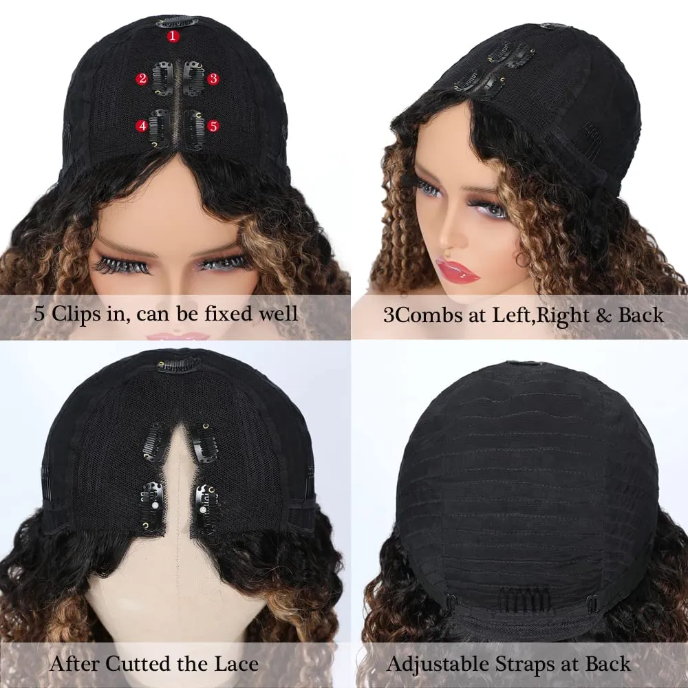UNICE Curly V Part Wigs Human Hair Balayage Brown Highlight Clip in Upgrade U Part Wig No Leave Out Wear Go Glueless Human Hair Wig Beginner Friendly 14 inch
