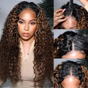 UNICE Curly V Part Wigs Human Hair Balayage Brown Highlight Clip in Upgrade U Part Wig No Leave Out Wear Go Glueless Human Hair Wig Beginner Friendly 14 inch