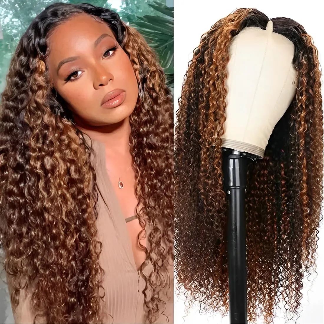 UNICE Curly V Part Wigs Human Hair Balayage Brown Highlight Clip in Upgrade U Part Wig No Leave Out Wear Go Glueless Human Hair Wig Beginner Friendly 14 inch