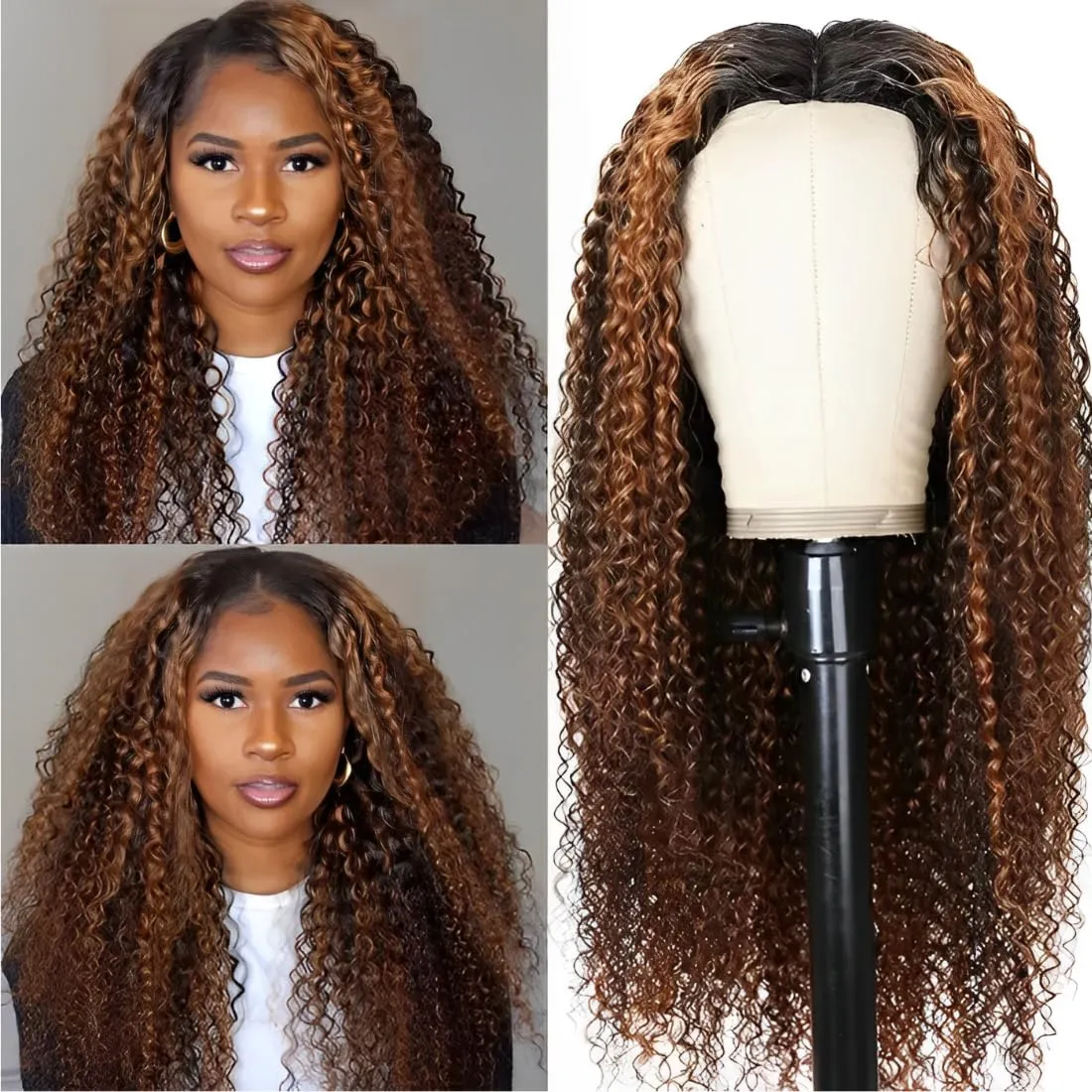 UNICE Curly V Part Wigs Human Hair Balayage Brown Highlight Clip in Upgrade U Part Wig No Leave Out Wear Go Glueless Human Hair Wig Beginner Friendly 14 inch