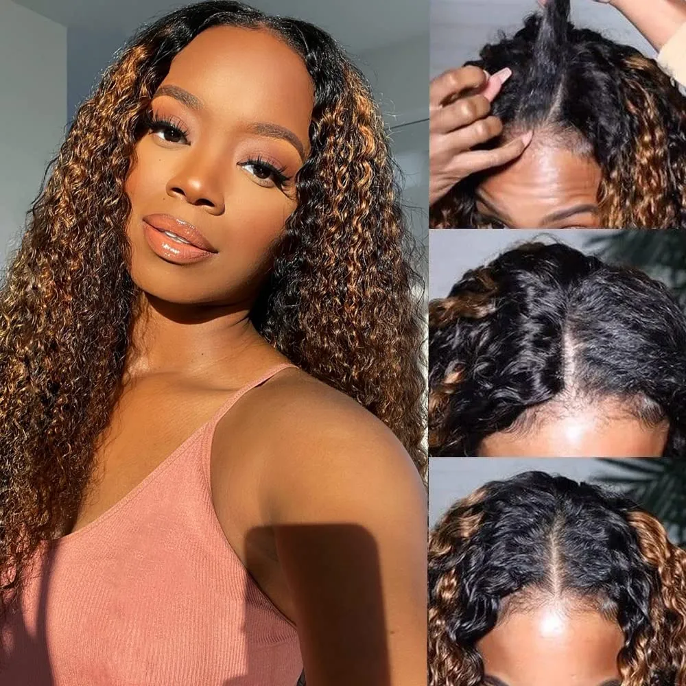 UNICE V Part Wig Human Hair Curly No Leave Out Balayage Brown Highlight Glueless Human Hair V Part Clip in Wigs Beginner Friendly No-Sew In No Glue 20 inch