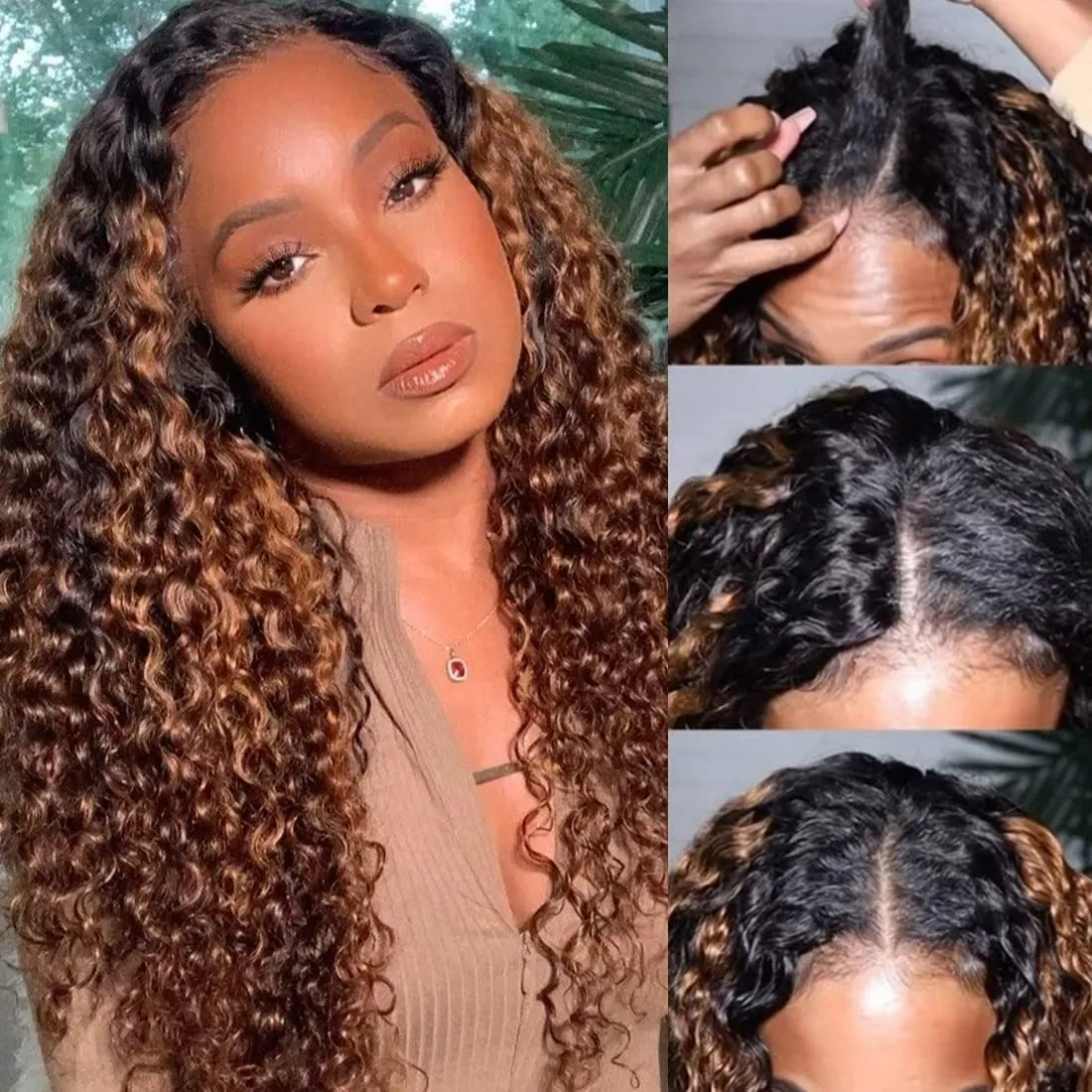 UNICE V Part Wig Human Hair Curly No Leave Out Balayage Brown Highlight Glueless Human Hair V Part Clip in Wigs Beginner Friendly No-Sew In No Glue 20 inch