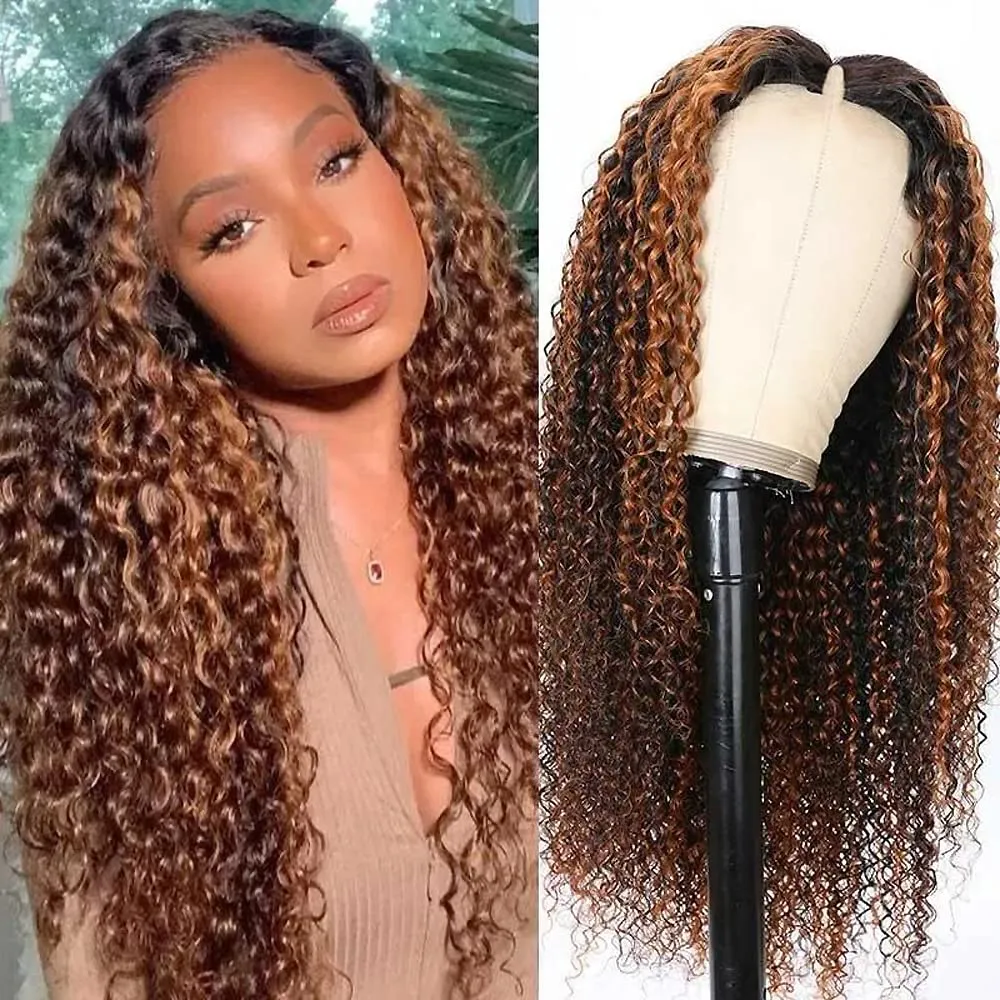 UNICE V Part Wig Human Hair Curly No Leave Out Balayage Brown Highlight Glueless Human Hair V Part Clip in Wigs Beginner Friendly No-Sew In No Glue 20 inch