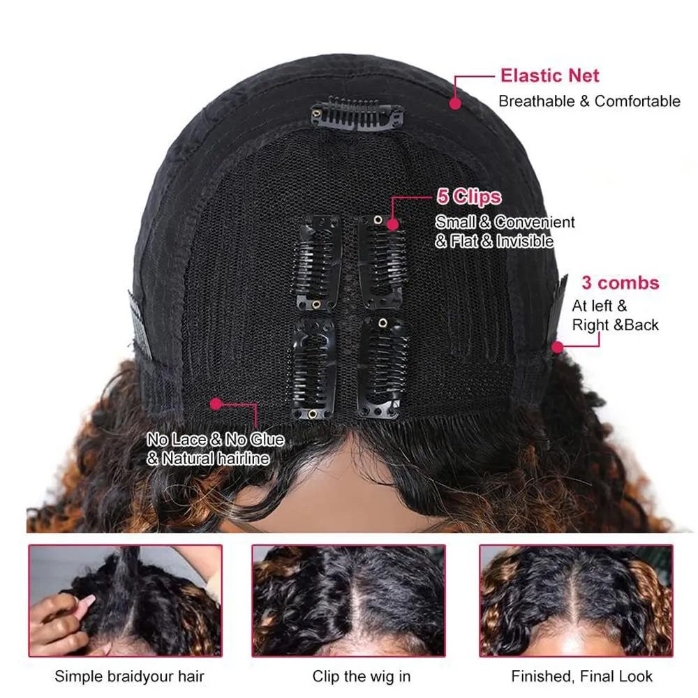 UNICE V Part Wig Human Hair Curly No Leave Out Balayage Brown Highlight Glueless Human Hair V Part Clip in Wigs Beginner Friendly No-Sew In No Glue 20 inch
