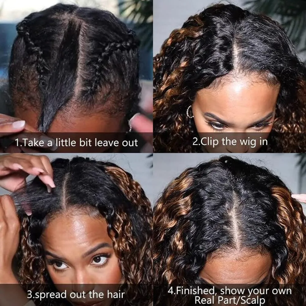 UNICE V Part Wig Human Hair Curly No Leave Out Balayage Brown Highlight Glueless Human Hair V Part Clip in Wigs Beginner Friendly No-Sew In No Glue 20 inch