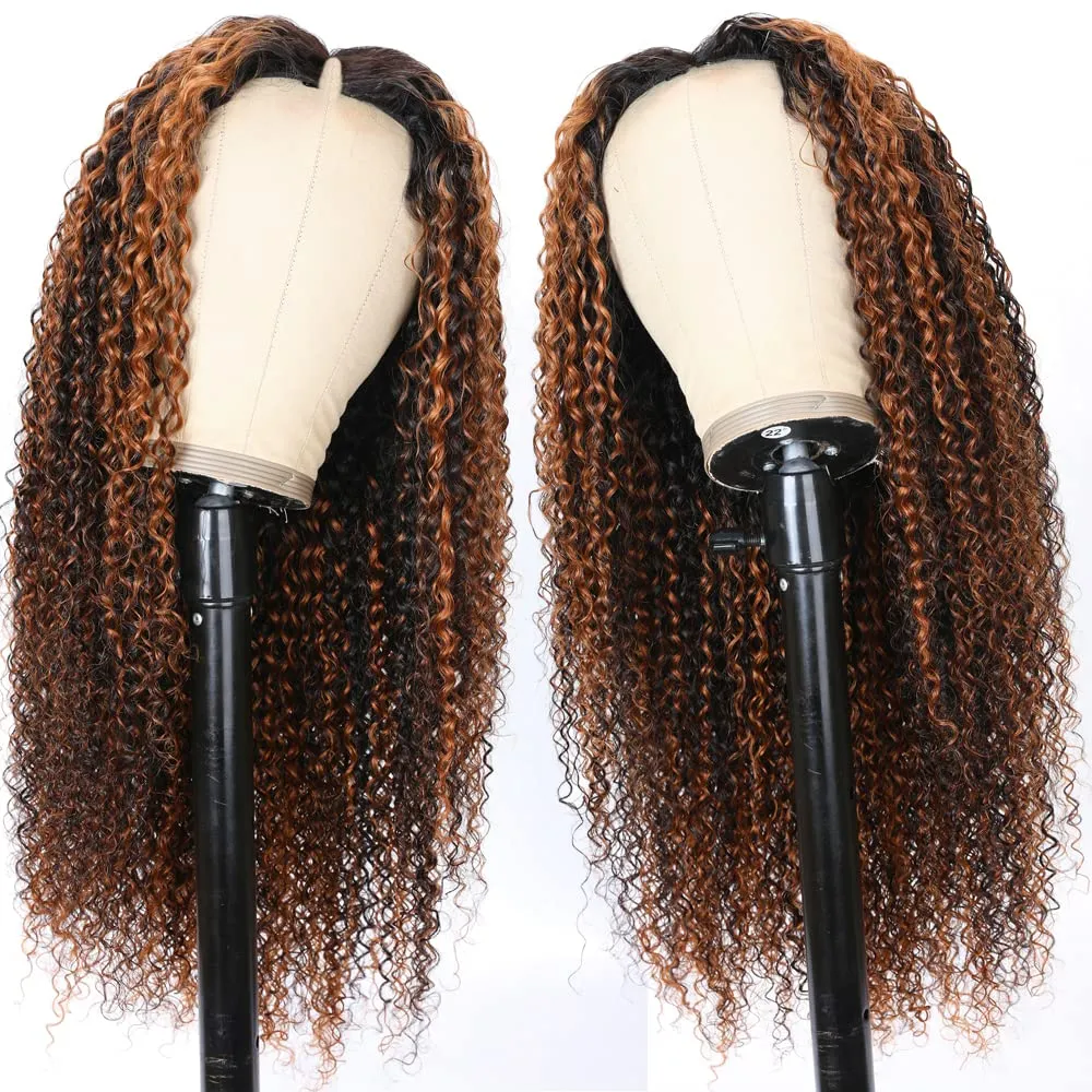 UNICE V Part Wig Human Hair Curly No Leave Out Balayage Brown Highlight Glueless Human Hair V Part Clip in Wigs Beginner Friendly No-Sew In No Glue 20 inch