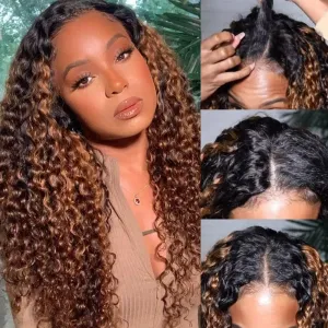 UNICE V Part Wig Human Hair Curly No Leave Out Balayage Brown Highlight Glueless Human Hair V Part Clip in Wigs Beginner Friendly No-Sew In No Glue 20 inch
