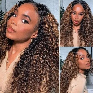UNICE V Part Wig Human Hair Curly with Drawstring No Leave Out Balayage Brown Highlight Glueless Human Hair V Part Clip in Wigs Beginner Friendly No-Sew In No Glue 16 inch