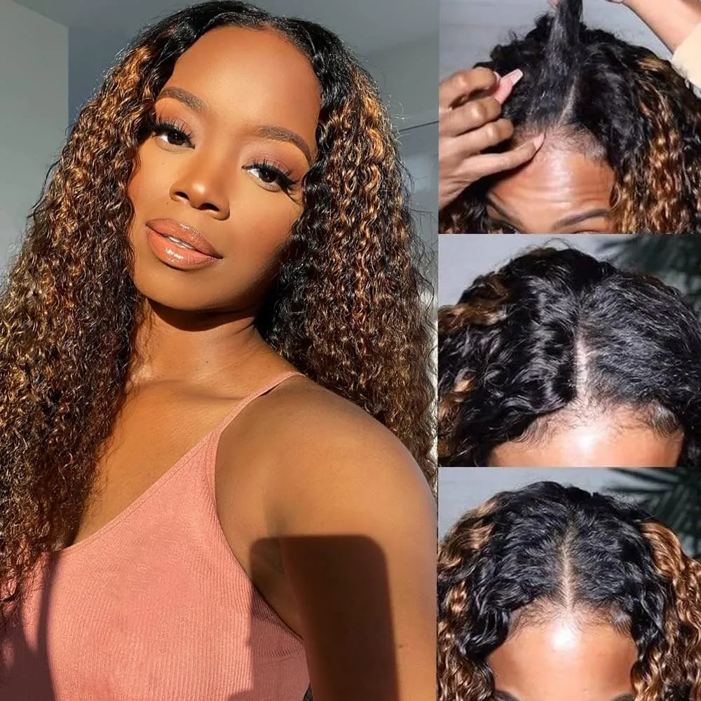 UNICE V Part Wig Human Hair Curly with Drawstring No Leave Out Balayage Brown Highlight Glueless Human Hair V Part Clip in Wigs Beginner Friendly No-Sew In No Glue 16 inch