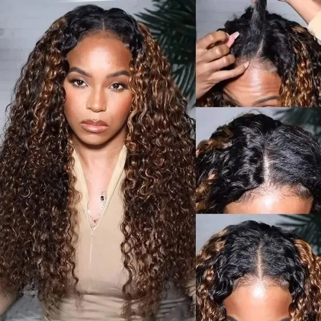 UNICE V Part Wig Human Hair Curly with Drawstring No Leave Out Balayage Brown Highlight Glueless Human Hair V Part Clip in Wigs Beginner Friendly No-Sew In No Glue 16 inch