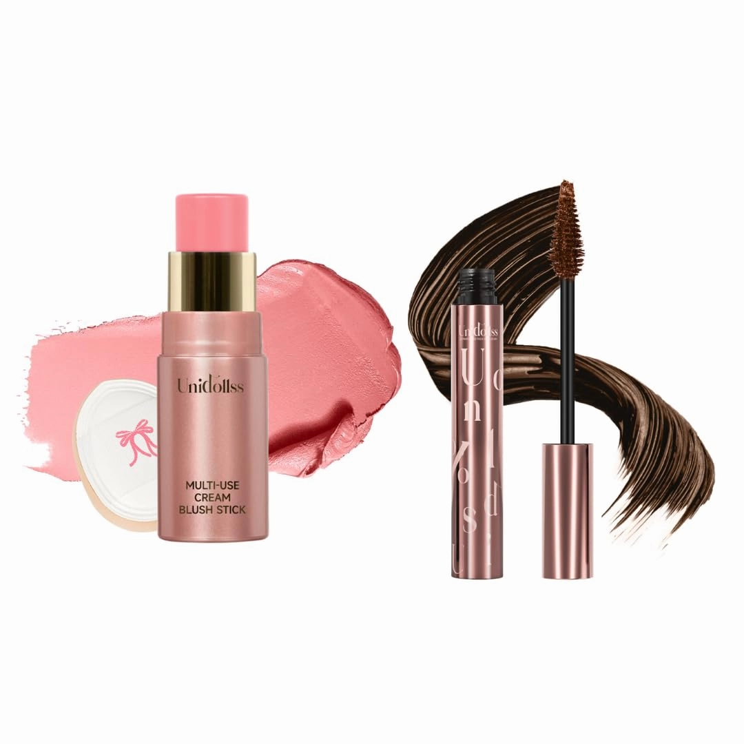 Unidollss Whisper Soft Radiance Bundle: 3-in-1 Cream Blush Stick (01 WHISPER)   Lengthening Tubing Mascara Brown | 60-Second Natural Glow & Defined Lashes for Fair Skin Tones, Sensitive Skin Safe