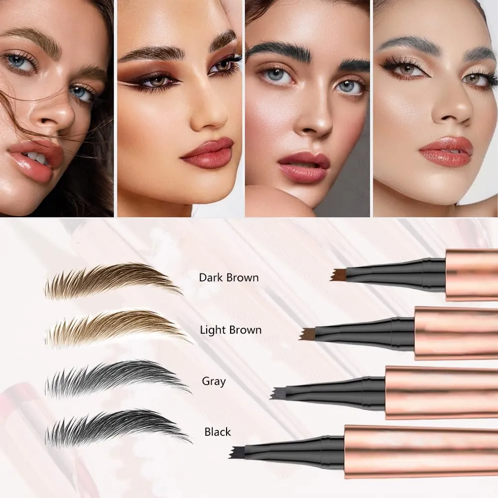 Upgrade Microblading Eyebrow Pencil, 3D Waterproof 4-Tip Eyebrow Pen, Natural Makeup Long-Lasting Fine Stroke Magic Eyebrow Pencil Stay on All Day (Black)