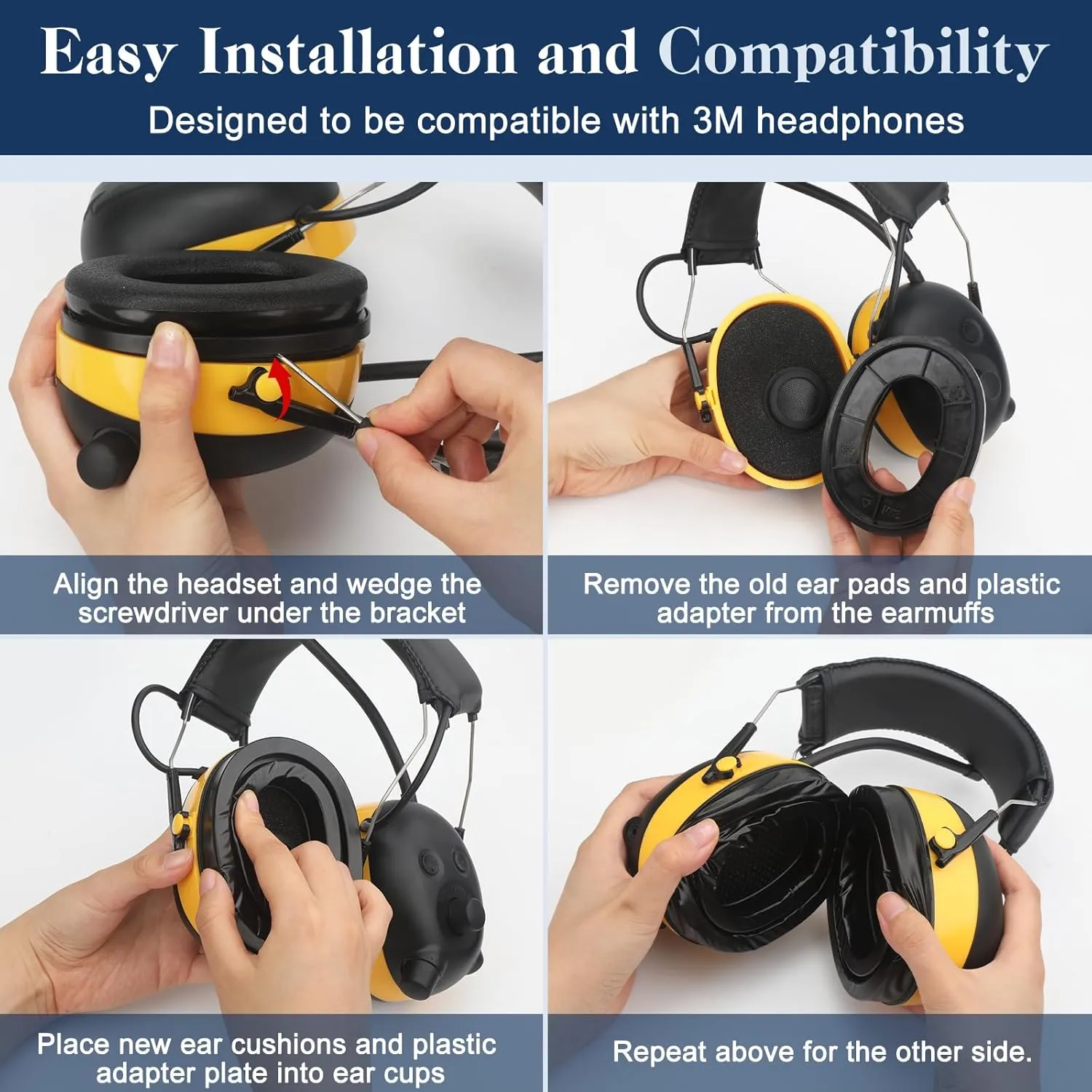 Upgraded Gel Ear Pads for 3M WorkTunes Hearing Protector (90541 90542), High Density Noise Reduction Replacement Gel Cups with Adapter Plates for Peltor Sport Tactical 300/500 Headset, 1 Set-Black