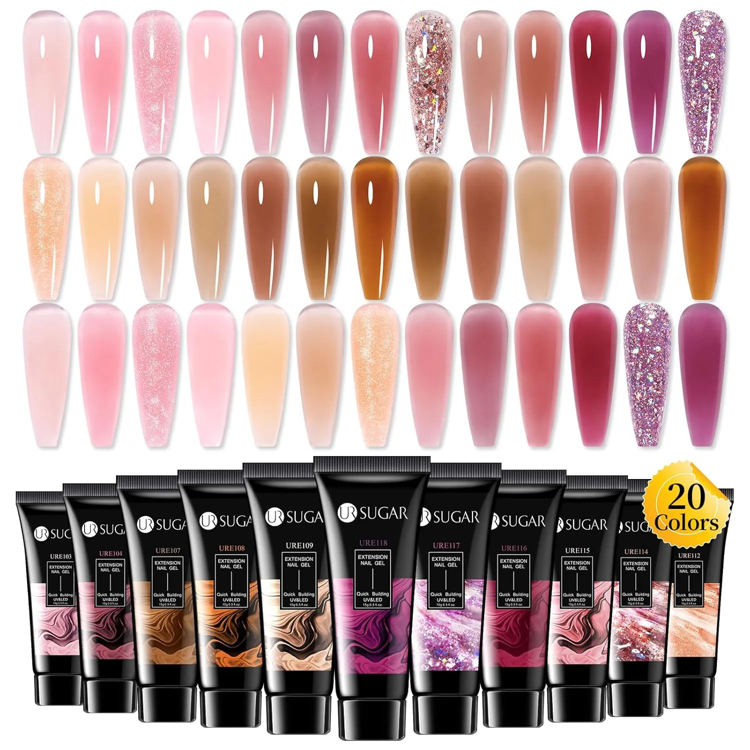 UR SUGAR 20 Colors Extension Gel Nail Set, Jelly Pink Nude Pink Purple Brown Tone Glitter Extension Nail Gel Set for Fall Winter Bulk Bundle Long Lasting Soak Off Gift Box for Women
