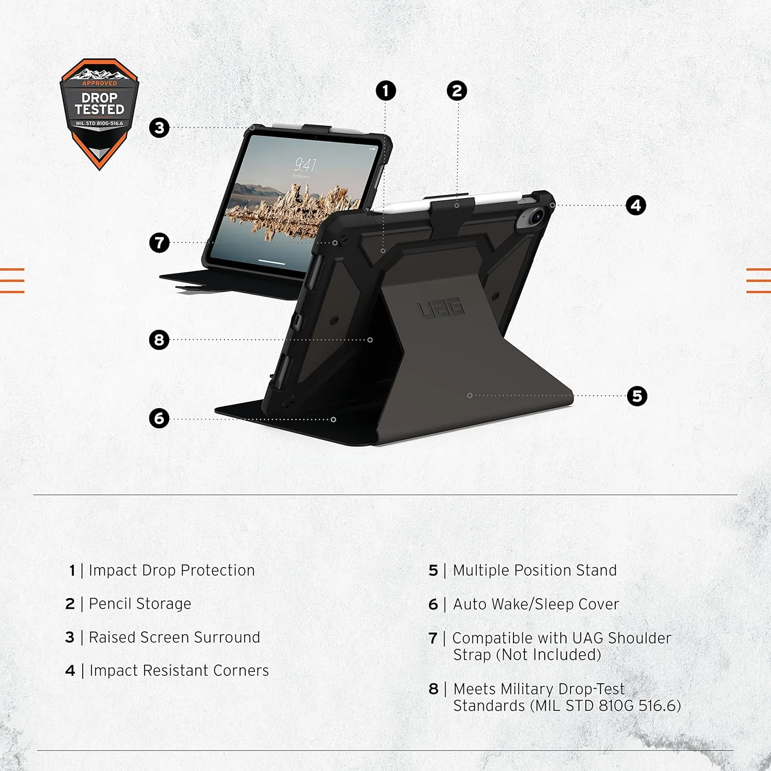 URBAN ARMOR GEAR UAG Designed for iPad 11" A16 11th Gen 2025, 10.9" 10th Gen 2022 Case A3354 A3355 A2696 - Rugged Protective Folio Cover w/Adjustable Stand & Pencil Holder, Metropolis SE Black